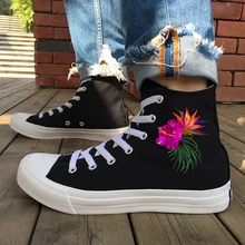 Вэнь парусиновая обувь цветочный дизайн красочные цветы гибискуса высокие черные белые женские кроссовки Скейтборд обувь для девочек