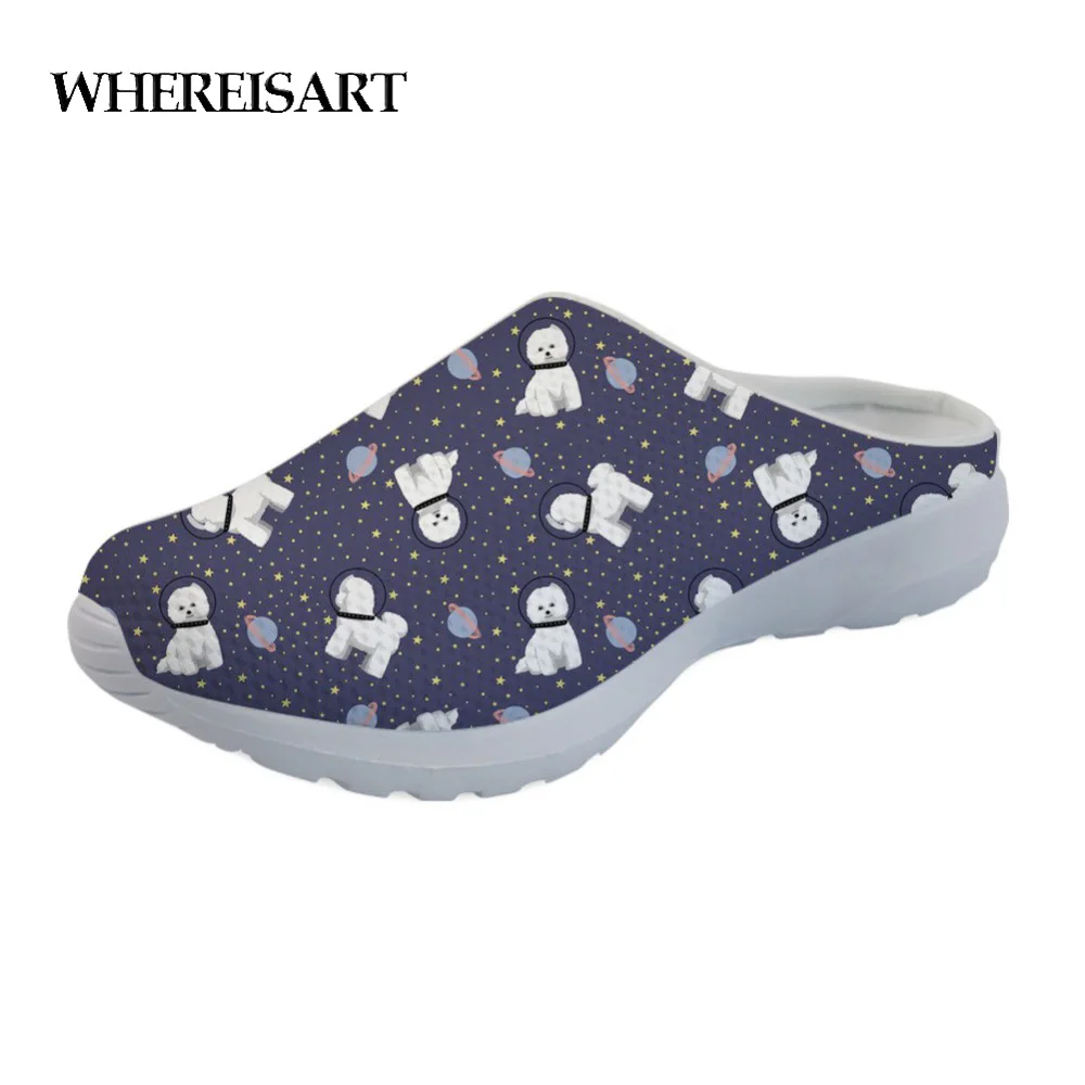 

WHEREISART Space Bichon Frise Women Slippers Soft Home Slippers Warm Rubber Shoes Women Indoor Slippers Outside Slip-On Shoes