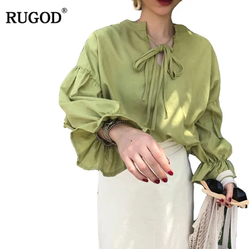 

RUGOD Puff Sleeve Fashiobable Blouse For Women Casual Knitted Hot Sale V-neck Shirt Women 2019 Spring Stylish blusa feminina