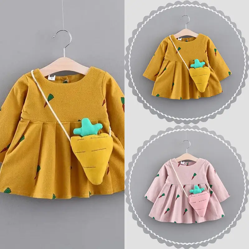 Новое милое платье для маленьких девочек на осень и зиму 2 предмета, платье трапециевидной формы с длинными рукавами и принтом по колено+ сумка 0-3Y