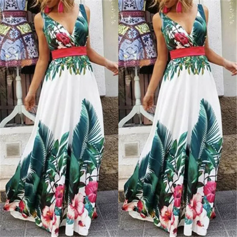 

Women Long Dresses Sleeveless Summer Dress Sexy Deep V-neck Evening Formal Maxi Dresses Beach Holiday Fashion Floral Print Dress