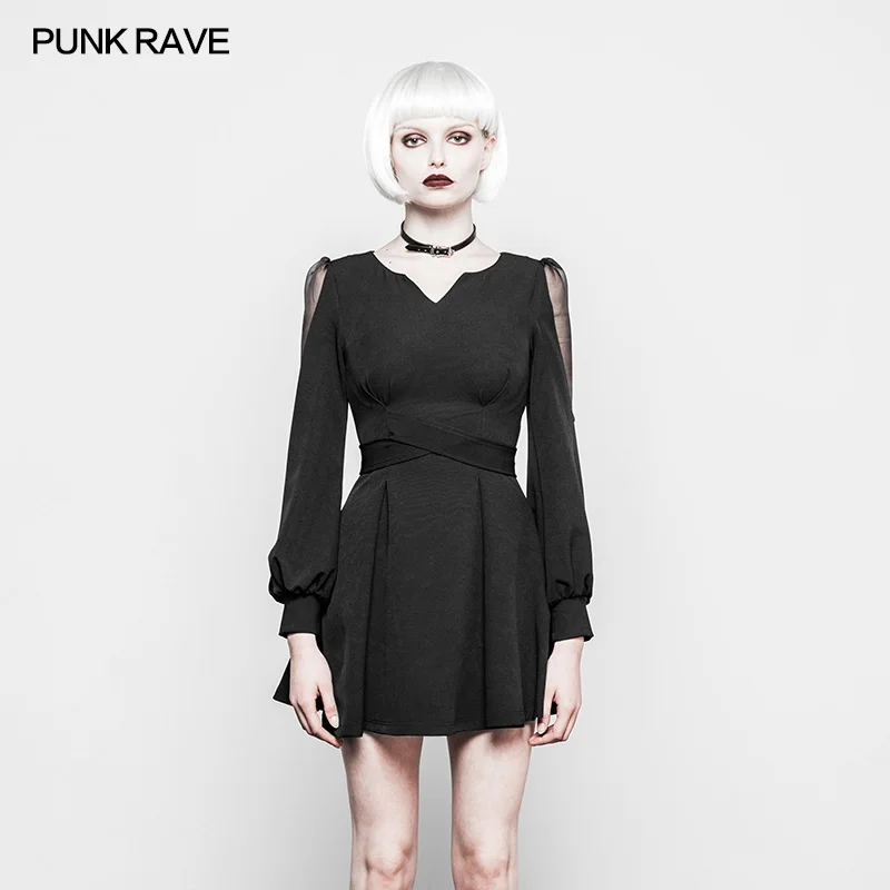 

PUNK RAVE Women Fashion Hollow Out Sexy Dresses Casual Punk Black V-Collar Mini Dress Long Sleeve Club Party Pleated Dresses