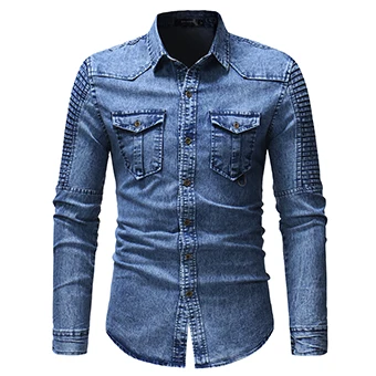 Джинсовая мужская рубашка, модная, плиссированная, с карманами, повседневная, локомотив, мужская рубашка с длинным рукавом, мужская синяя, серая джинсовая рубашка, мужская одежда - Цвет: blue