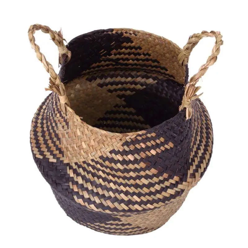 

Foldable Handmade Storage Basket Folding Wicker Rattan Seagrass Belly Straw Garden Flower Pot Planter Laundry Basket
