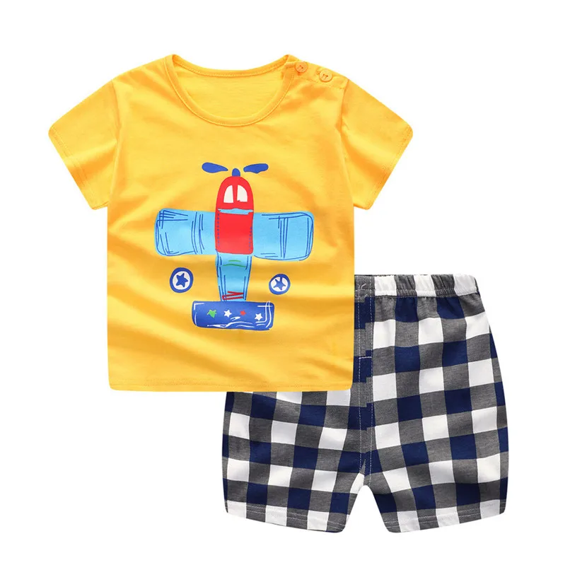 

2pcs Baby Sets Toddler Infant Baby Boys Girls Short Sleeve Cartoon Airplane T-shirt Tops+plaid Pants Set Baby Clothes #LR4