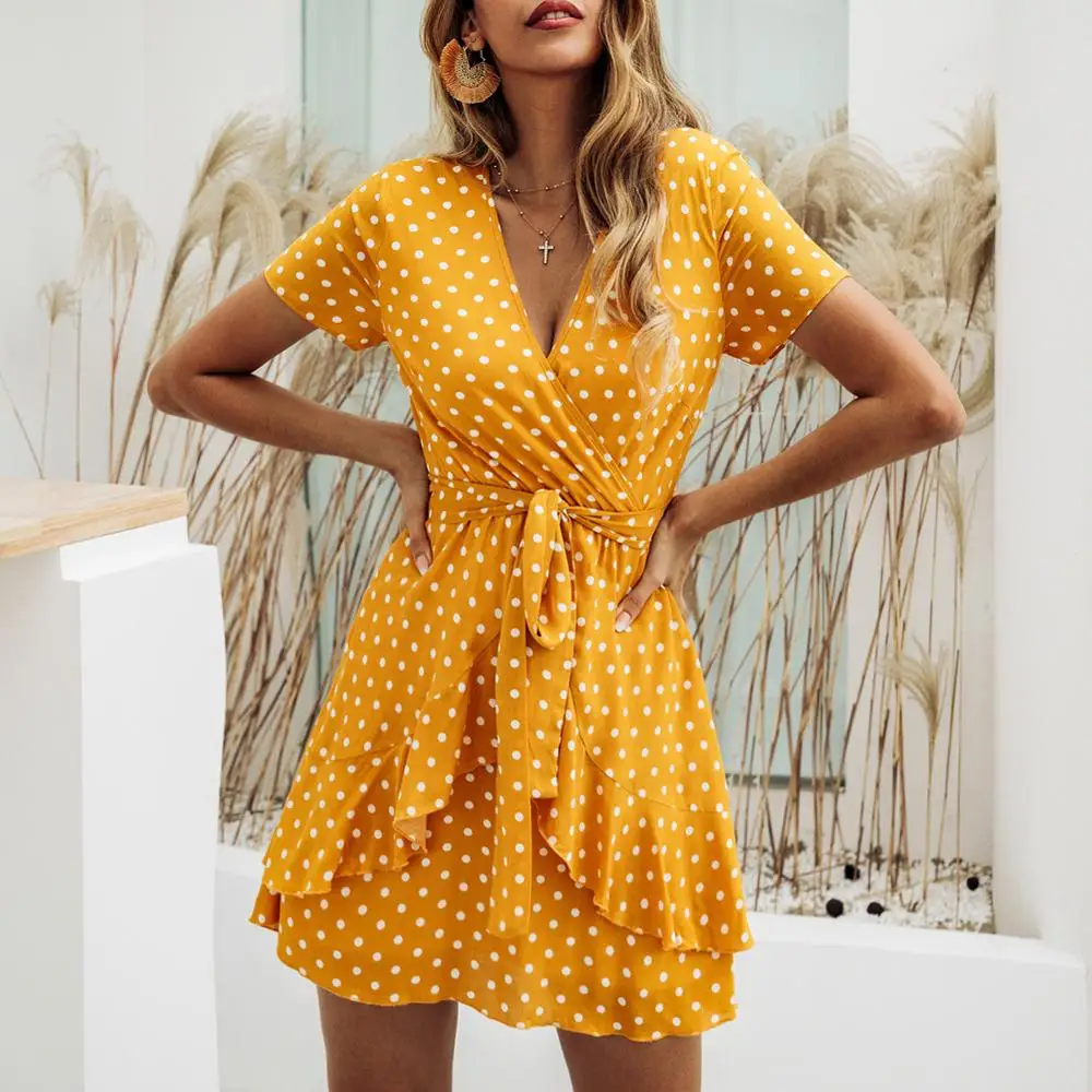 

Cute Kawaii Summer Ruffles Dress Boho Beach Women Sexy V-Neck Mini Sundress Floral Dot Print Short Sleeve Vacation Dress GV459