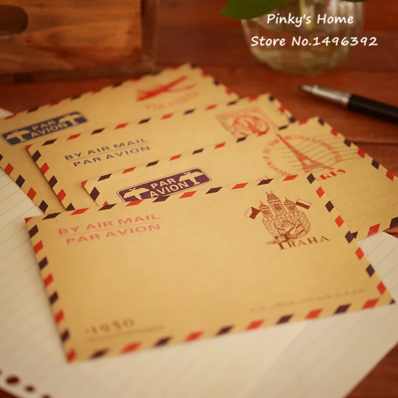 10 Sheet Antique kraft Air Mail Envelope Postcard Letter Stationary Storage OV