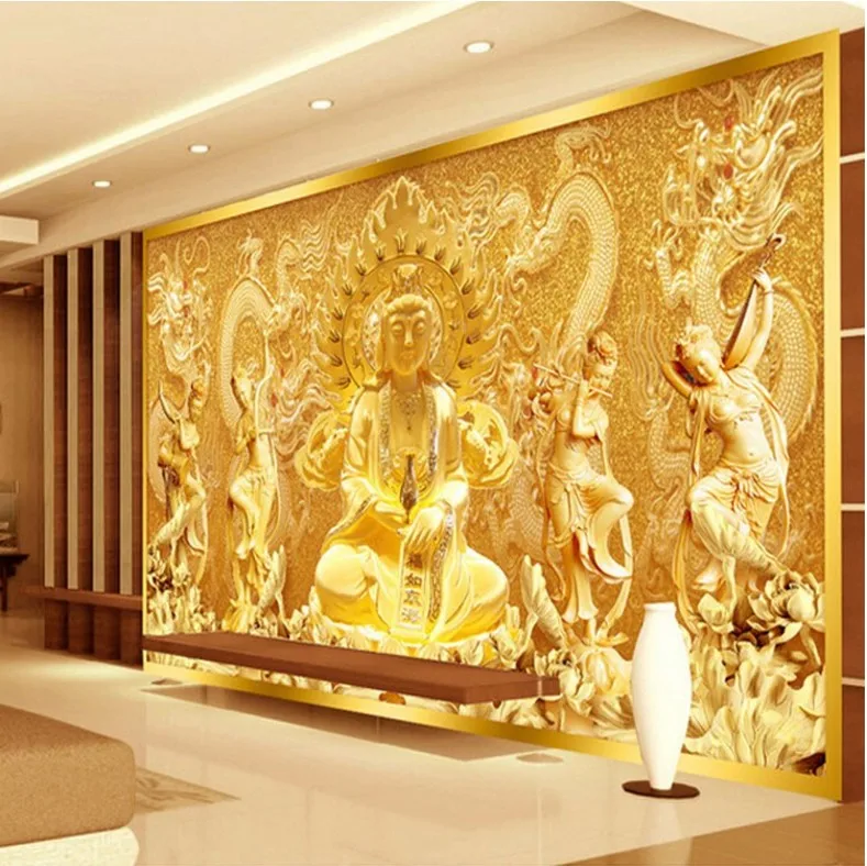 

Free shipping 3d mural wallpaper entrance living room bedroom TV background wallpaper golden Buddha Guanyin papel de parede