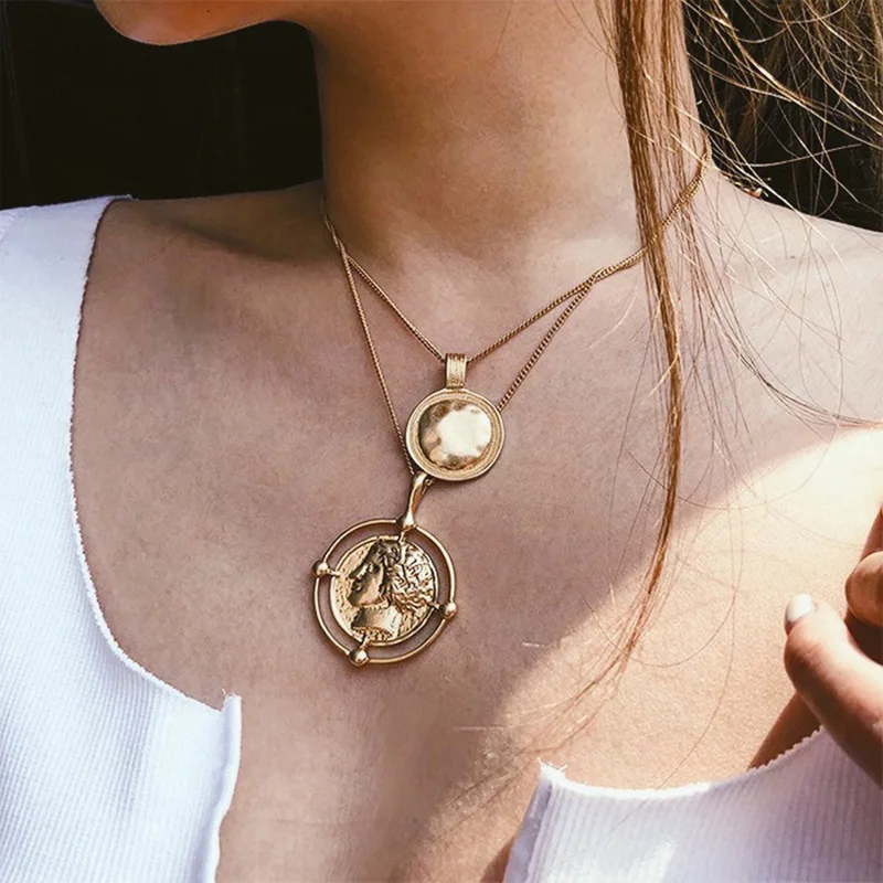 

OLOEY 2019 Punk Pendant Necklace Women Gold Color Round Pendants Chain Female Alloy Multi-layer Necklaces Jewelry Accessories