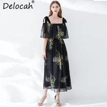 Delocah Women Summer Spaghetti Strap Dress Runway Fashion Designer Sexy Backless Floral Print Mesh Overlay Vintage Long Dress