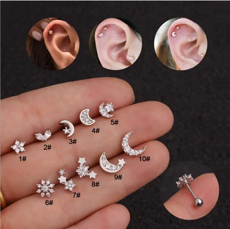 

Cubic Zircon Small Tragus Stud Cz Flower Moon Star Tiny Cartilage Earring Helix Piercing Jewelry Rook Conch Earring
