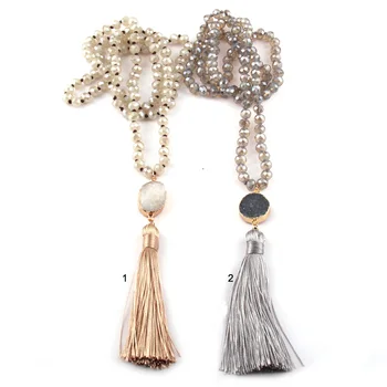 

Fashion Bohemian Tribal Jewelry Beige Crystal Glass Knottted Druzy Tassel Necklaces Ethnic Necklace