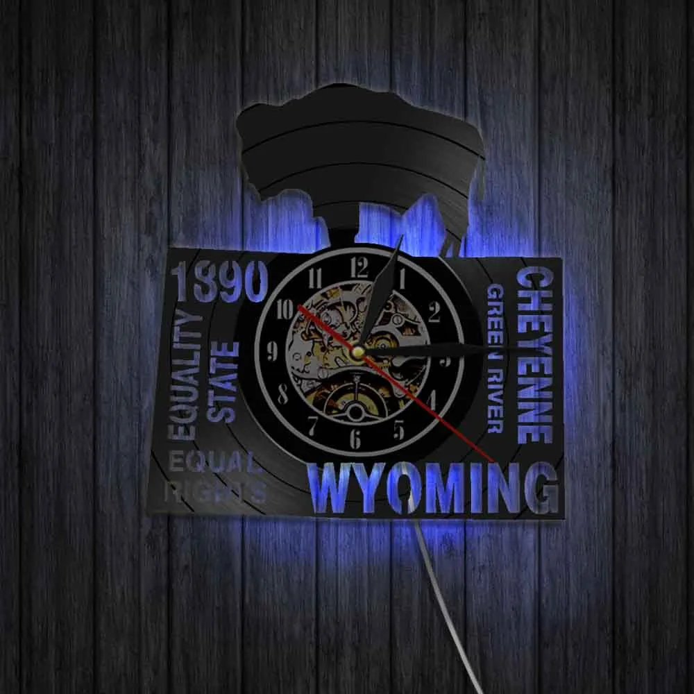 US Wyoming State Established 1890 Equal Rights Led Light Lamp Cheyenne Green River Rustic Vinyl Record Wall Watch Clock