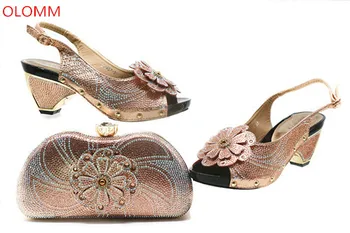 

OLOMM Latest Design Italian Shoe with Matching Bags Set Decorated with Rhinestone Sexy Heels Block Heel Shoes Slip on Wome!MN1-3
