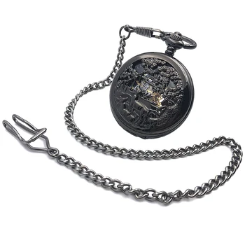 

CAIFU Brand Skeleton Steampunk Animal Case Roman Number Dial Hand Wind Mens Mechanical Pocket Watch w/Chain Half Hunter Watch
