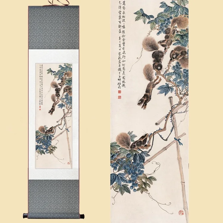 

Chinese Silk Watercolor Animals five squirrel grapes Fruit Feng Shui ink art wall picture damask framed scroll canvas painting