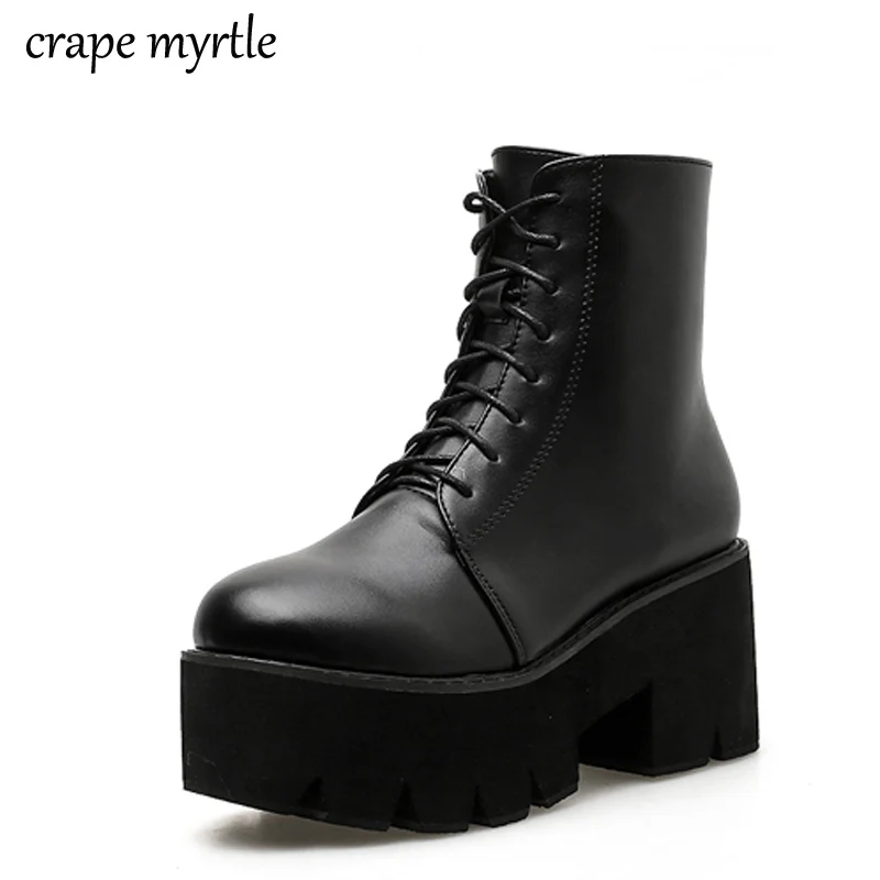 Beste Lace up Laarzen 2019 Mode Dikke Hak Enkellaarsjes Vrouwen Hoge Hakken Herfst Winter Vrouw Schoenen punk laarzen platform schoenen YMA470