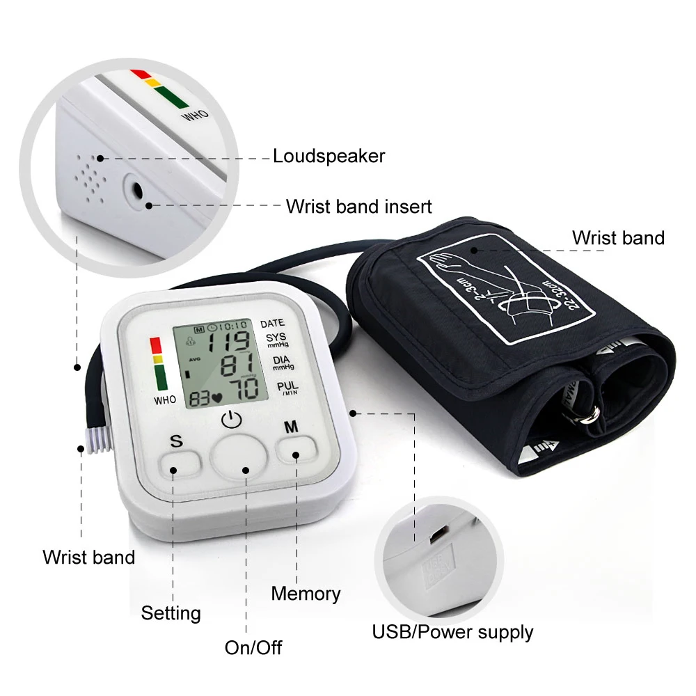 Preise Automatische Oberarm Digitales Blutdruckmessgerät LCD Display Tonometer Meter Blutdruckmessgerät Mit Manschette für 22 32 cm