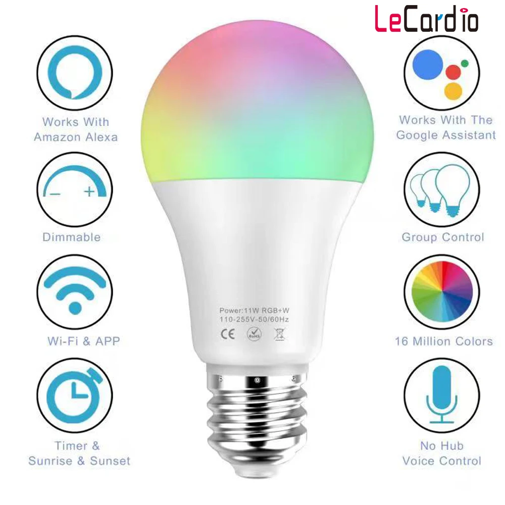 Умная Светодиодная лампа с регулировкой яркости 11 Вт Wi Fi RGB 110 В|Светодиодные