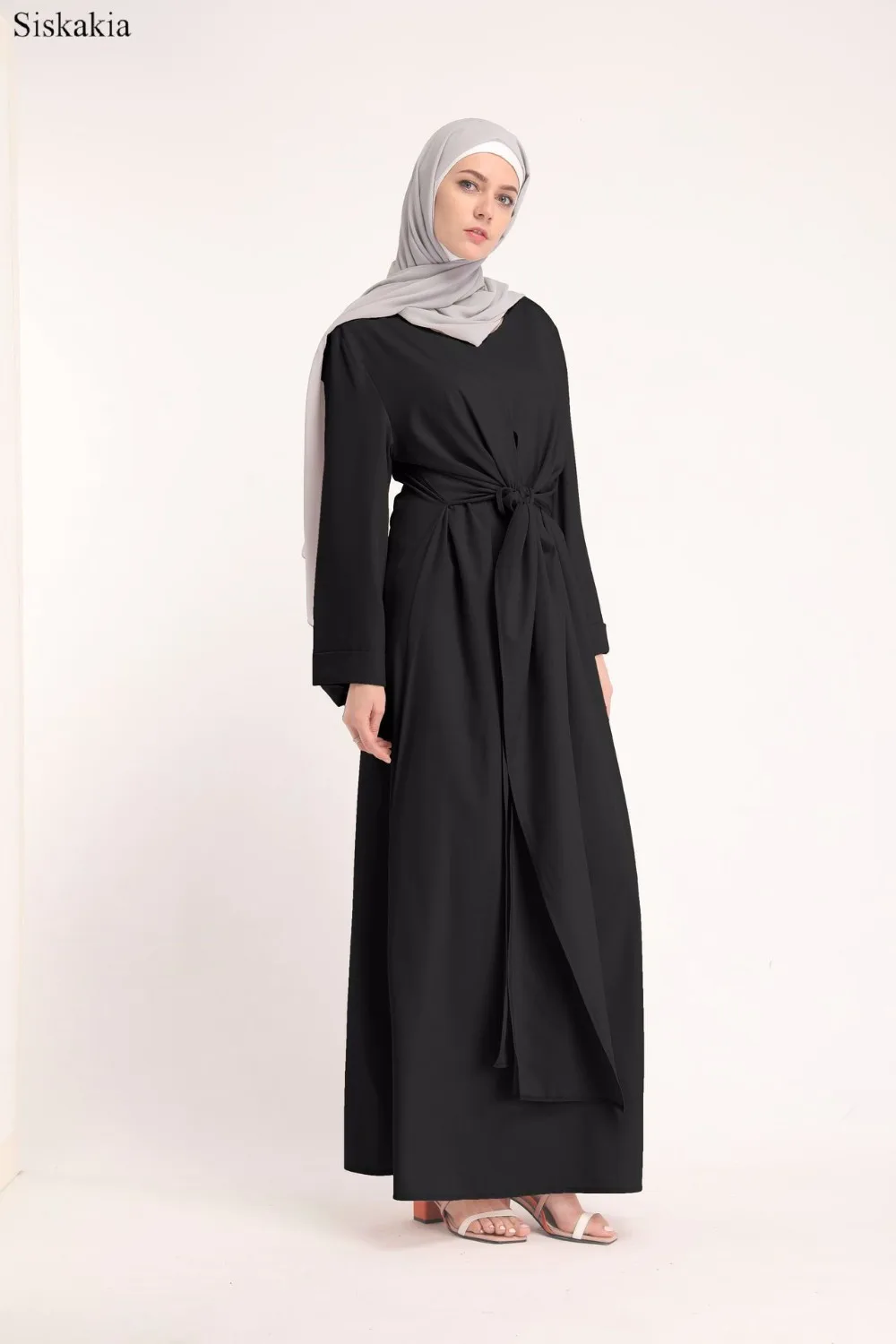Siskakia Solid Muslim O-Neck Long Sleeve Bandage Robes Abaya Women Turkish Dubai High Waist Loose Female Abaya Casual Elegant  (7)