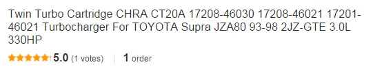 Twin турбо картридж CHRA CT20A 17208-46030 17208-46021 17201-46021 17201-46030 для TOYOTA Supra JZA80 93-98 2JZ-GTE 3.0L 330HP