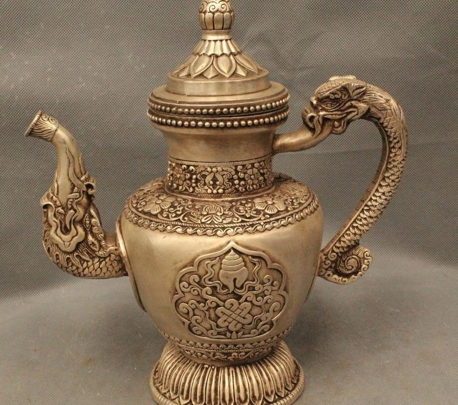 

11" Makred Tibet Buddhism Silver 8 Auspicious Symbol Dragon Wine Tea Pot Flagon