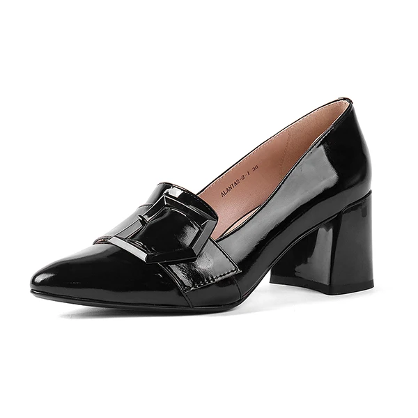 BESCONE/Туфли женские. Офисные туфли-лодочки для женщин из лакированной кожи, подкладка из свиной кожи. Женская обувь с ремешком и пряжкой на среднем толском каблуке. Слегка зауженный мысок смотрится элегантно. BW26 - Цвет: Black