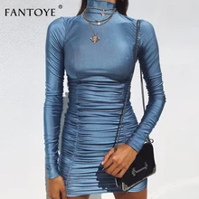 Fantoye осень зима Ruched Bodycon мини платье женское сексуальное с длинным рукавом повседневное уличное синее платье модное однотонное вечернее платье