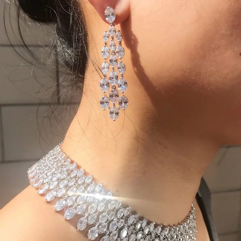 

ACCKING top new clear white stone cubic zirconia micro pave setting Heavy Dinner choker with earring Wedding Bridal Dress Access