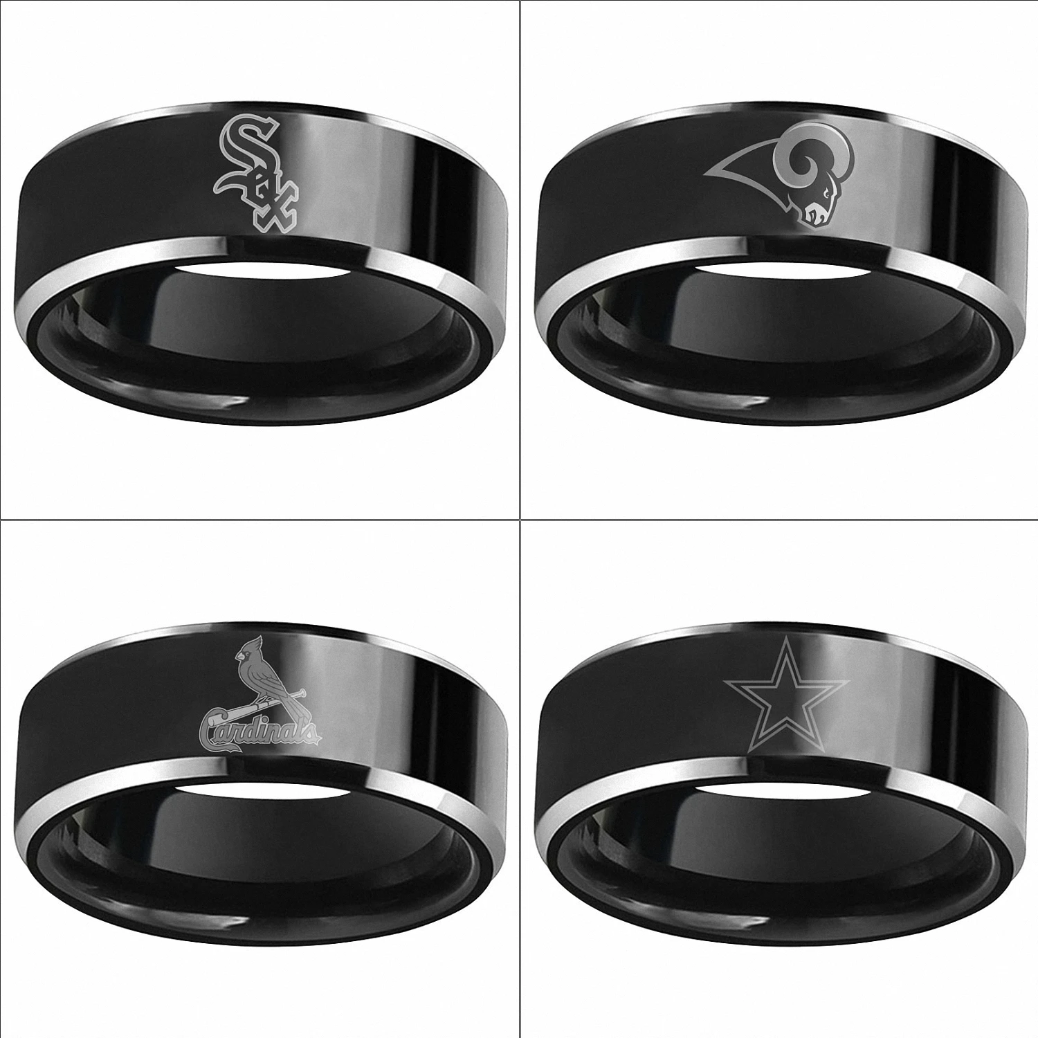 8mm High Polish Black Tungsten Carbide Engravedchicago White Sox Los Angeles Rams St. Louis Cardinals Men Ring | Украшения и