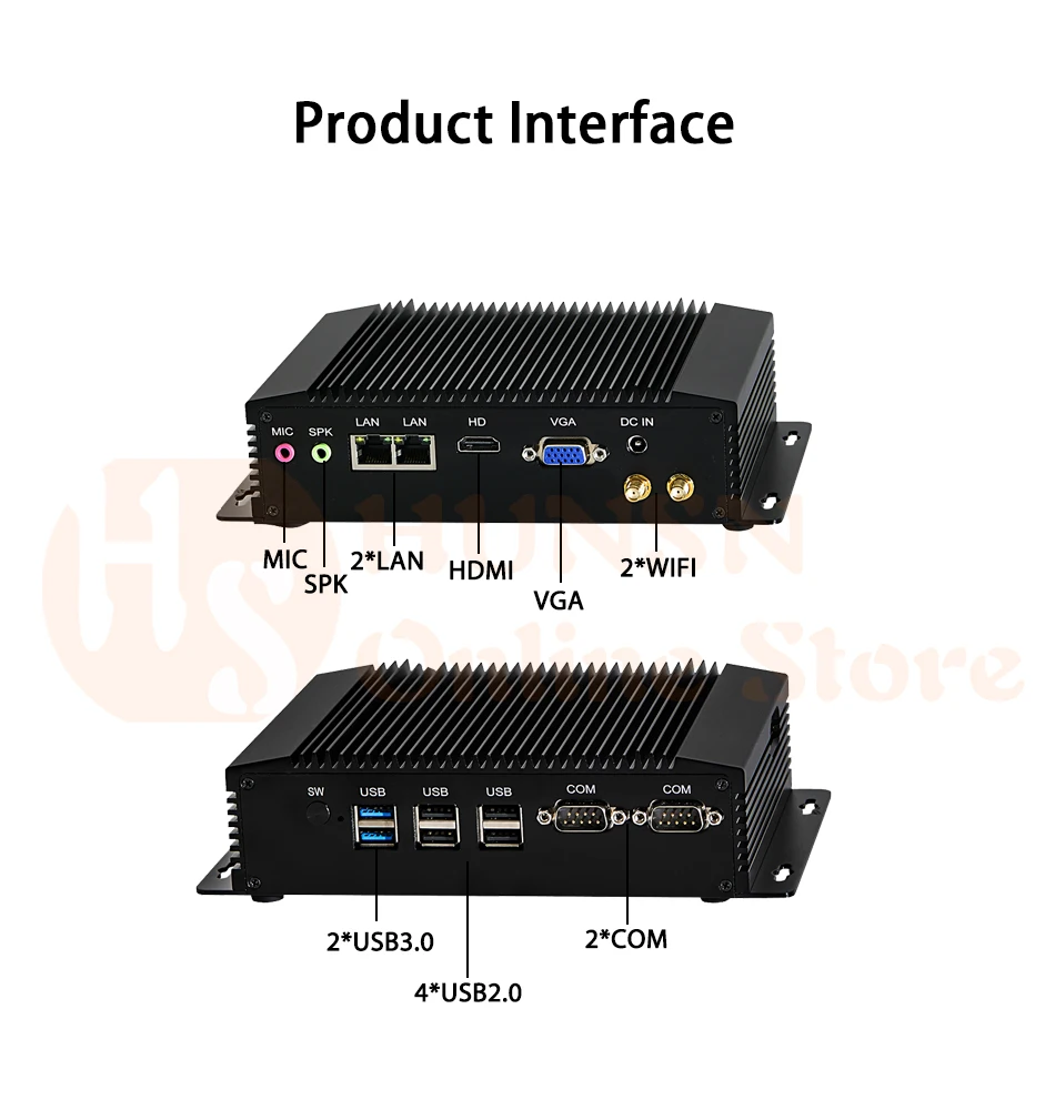 Безвентиляторный промышленный ПК, мини компьютеры, IPC, Windows 10, Intel J1900, [HUNSN MA19B],(VGA/HDMI/2LAN/2RS232 RS422 RS485/2USB3. 0/4USB2. 0