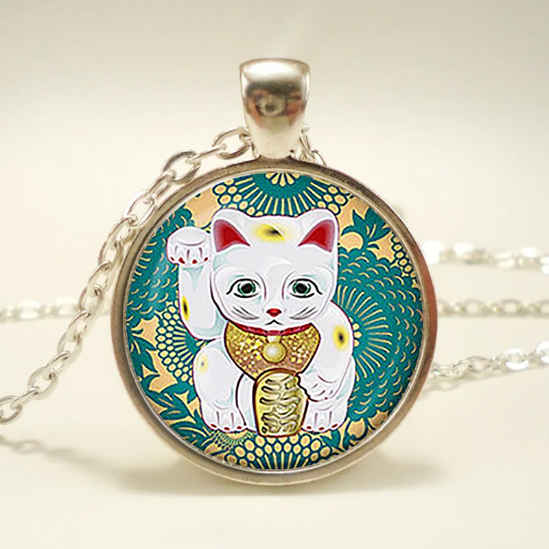  Maneki Neko Teal Lucky  cat  pendant Lucky cat symbols  