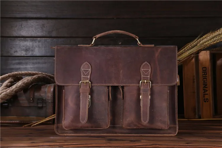 Top Grade Male Men's Vintage Real Crazy Horse Leather Briefcase Messenger Shoulder Portfolio Laptop Bag Case Office Handbag 1061