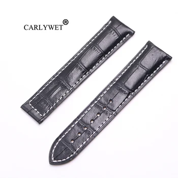 

CARLYWET 20 22mm Wholesale Black With white Stitches High Quality Genuine Leather Replacement Watch Band Strap Belt For Omega