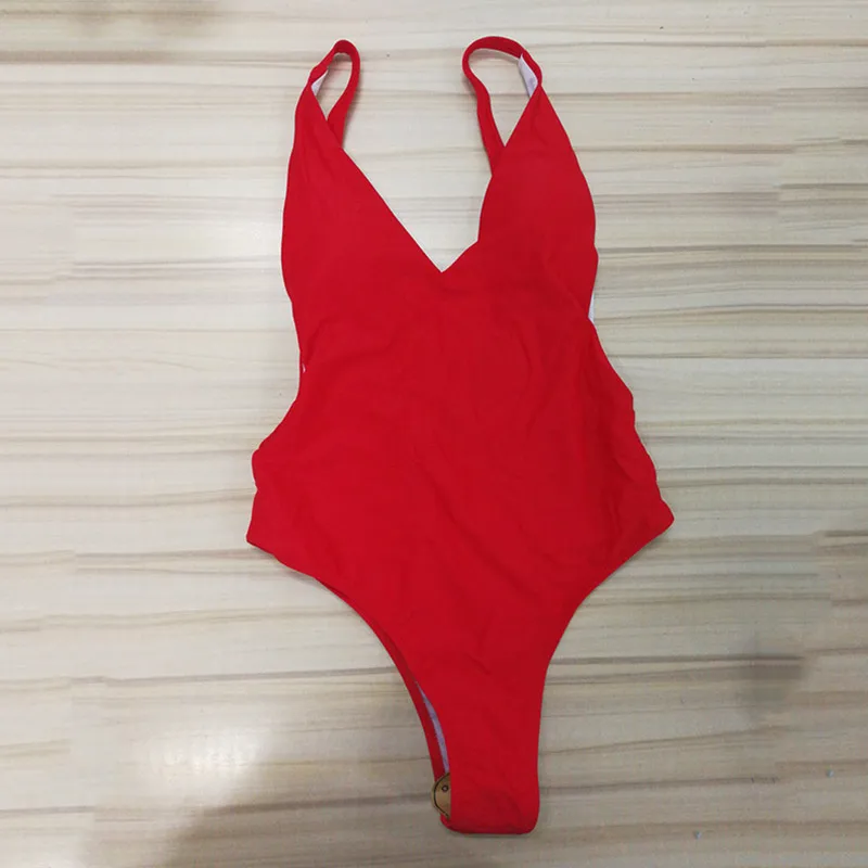 Lurehooker сексуальный цельный купальник с v-образным вырезом, женский купальник с высокой талией размера плюс, купальные костюмы, одноцветные пляжные летние купальники с лямкой через шею - Цвет: Red