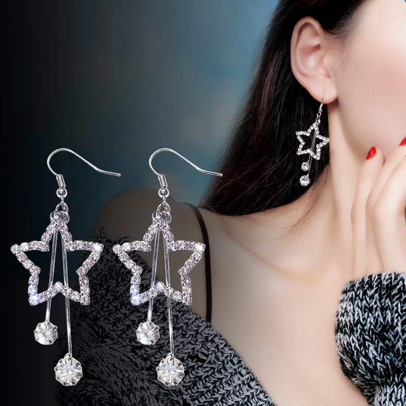 

Korean Long Style Temperament Metal Geometric Earrings Shining Five-Pointed Star Rhinestone Pendant Earrings Gift For Women