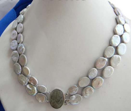 

FREE shipping>>>>>>2Strands 18'' 11mmx15mm Gray Ellipse Coin Freshwater Pearl Necklace