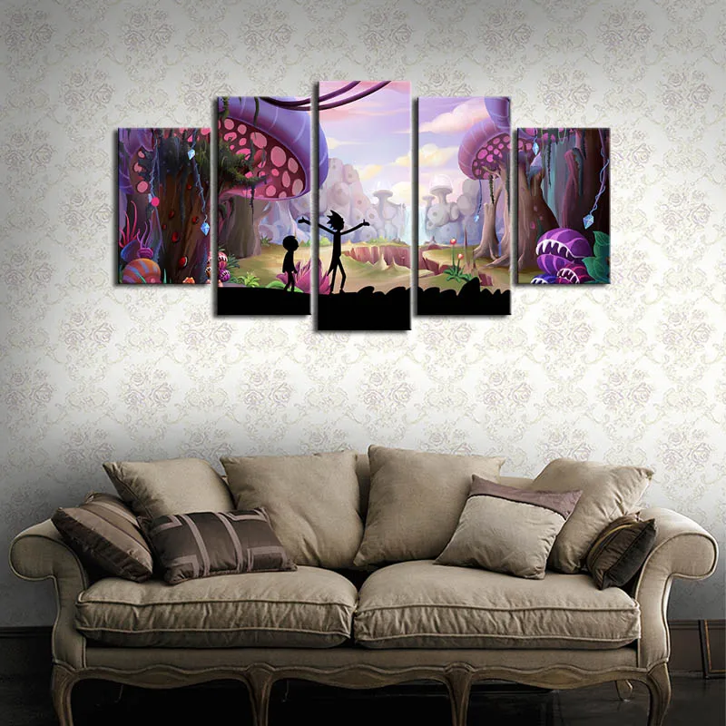 

5 Panels Prints Canvas Painting Mushroom Rick And Morty New form Wall Art Decorative Pictures Home Decor Wall Framework