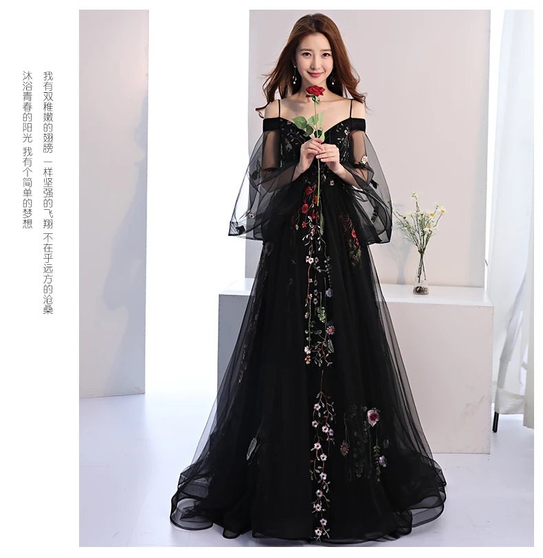 Robe De Soriee/Новинка черные вечерние платья длинное платье с вышивкой и цветами
