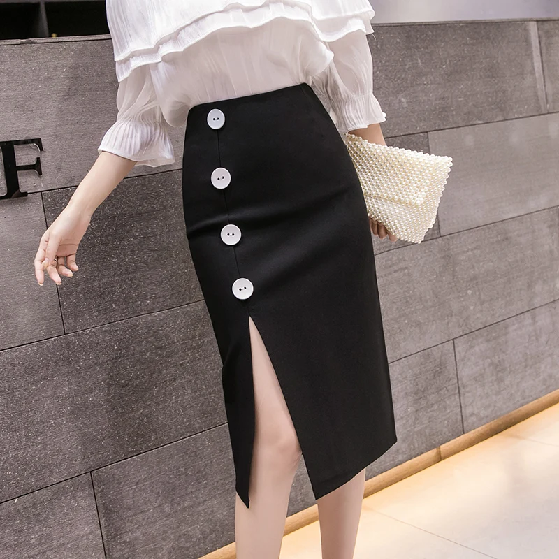 

YICIYA Plus Size Sexy Black Slit Pencil Button Midi Skirts Korean Style Office Elastic High Waist Bag Hip Skirt Women