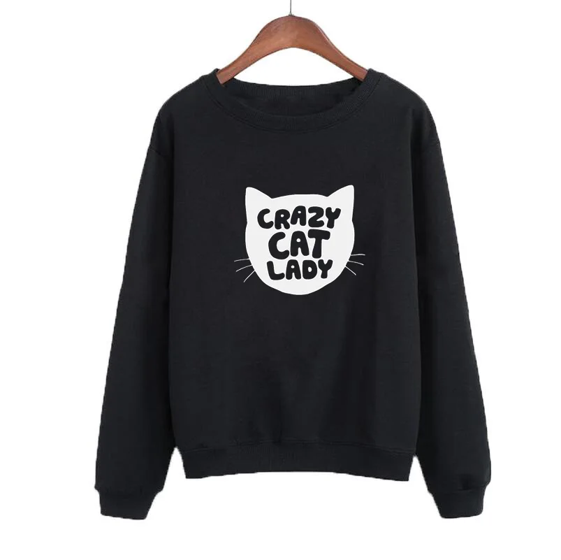 Crazy Cat Lady Funny Crewneck Hoodies Women Black White Sweatshirt