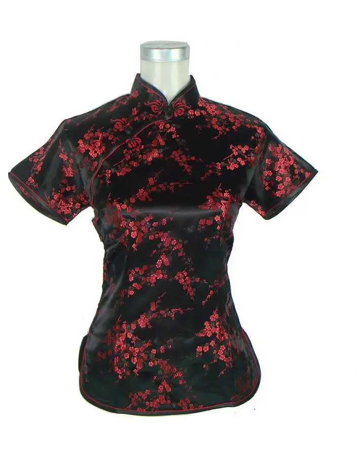 Черная, красная Летняя женская Повседневная рубашка с коротким рукавом, шелковая атласная блузка, Китайская национальная Цветочная одежда, Размеры s m l xl XXL WS010 - Цвет: Black Red A