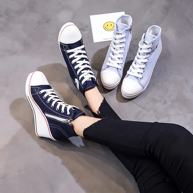 US $23.10 2019 Autumn Sneakers Women Trainers Wedges Casual Canvas Female Student Shoes Ladies White Black Za