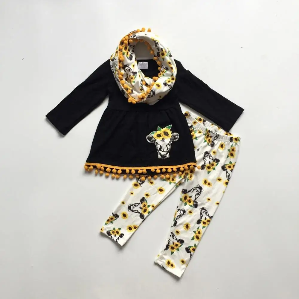 

Fall/winter baby girls 3 pieces scarf children clothes mustard cow sunflower pom-pom cotton long sleeve outfits ruffles boutique