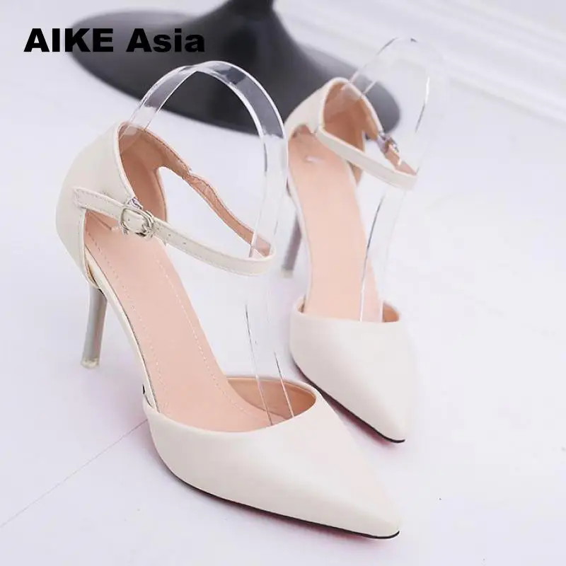 Plus Size 32-42 Women's Pumps Pointed Toe Patent Leather High Heels Sexy Ankle Strap Ladies Party Wedding Shoes Silver Red Beige