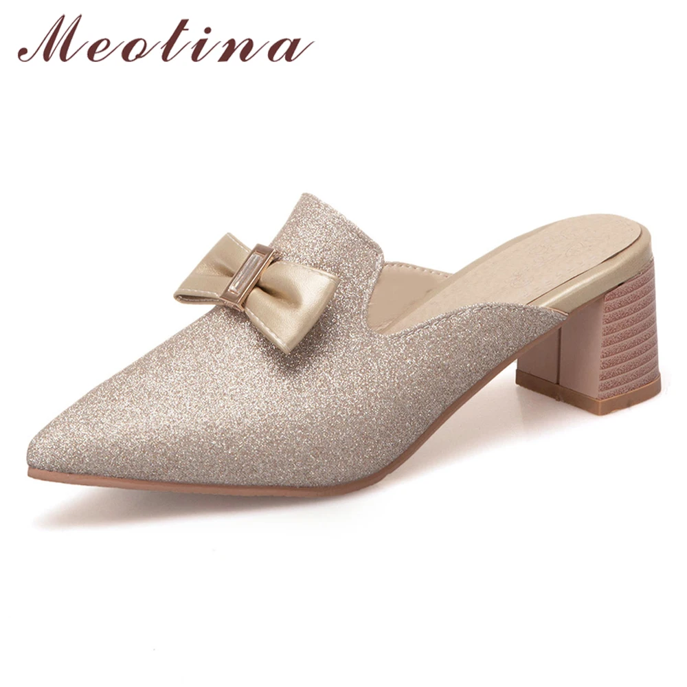 

Meotina Women Pumps High Heels Bow Square High Heels Mules Shoes Glitter Pointed Toe Ladies Slippers Spring Gold Plus Size 3-12