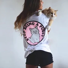 Cartoon Woman Basic T-shirt Pink Cat Punk Hiphop Style Cotton Sexy Funny T Shirts 2016 Woman Street Fashion Stop Being A Pussy