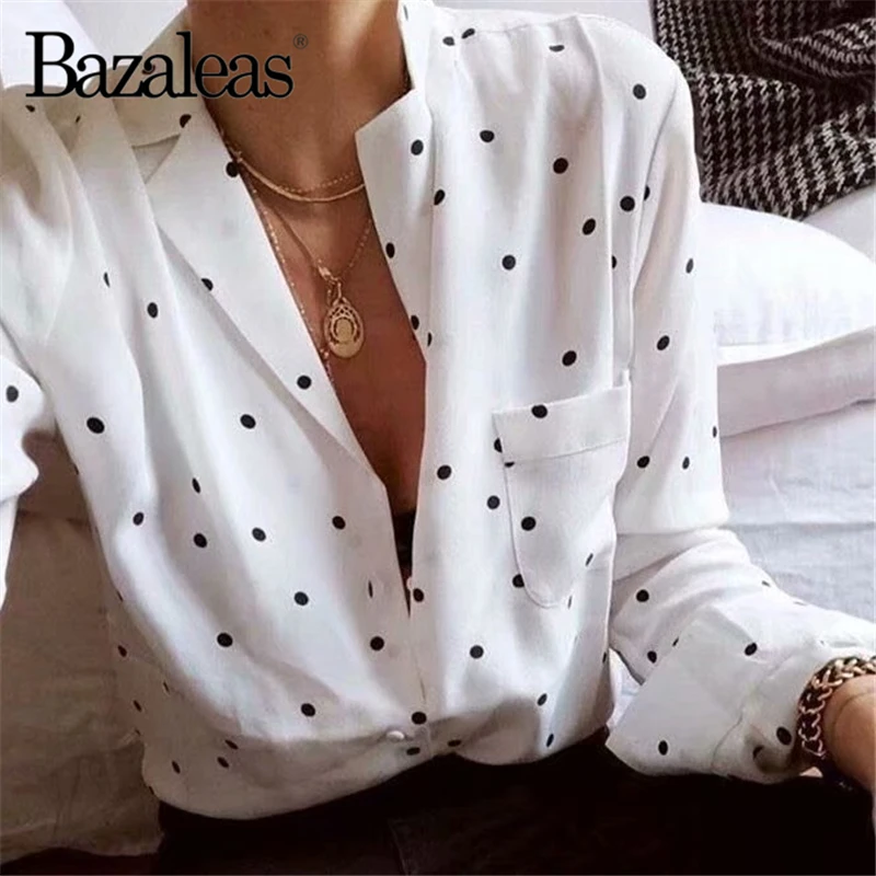 Bazaleas винтажная блузка с тонкими пуговицами Blusa Feminina женские топы в горошек blusas