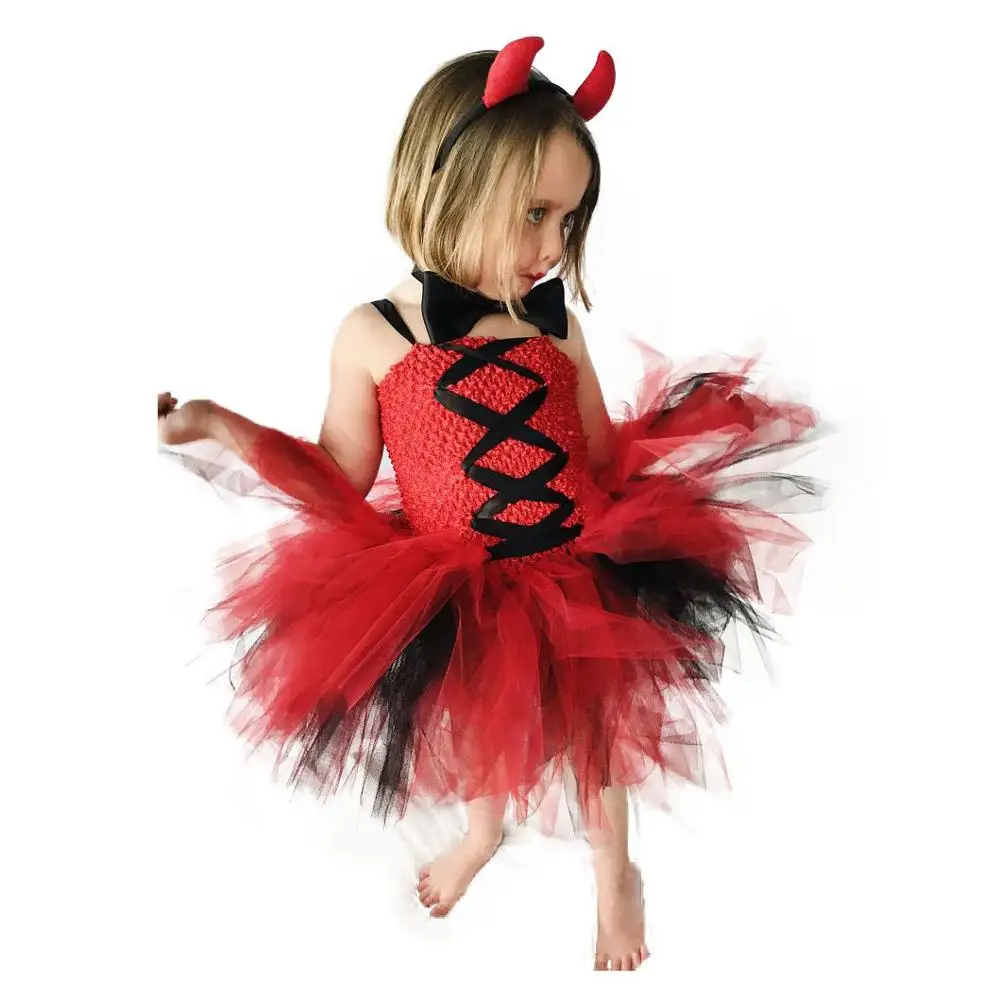 

2019 Halloween Cosplay Vampire Devil Children's Mesh Ball Gown Tutu Dress Carnival Party Performance Costume Girls 3Pcs Sets