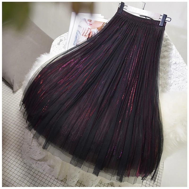 Women's 3 Layer Bright Tulle Skirt Ladies Korean High Waist Shining Tutu Skirt Pleated Mesh Midi Skirts Faldas Autumn - Цвет: Streamer red